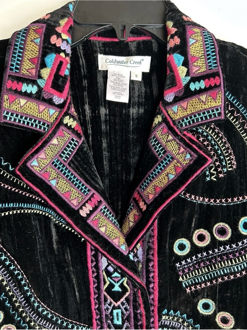 Coldwater Creek Black Velvet Jacket with Multicolor Embroidery Vintage Size S